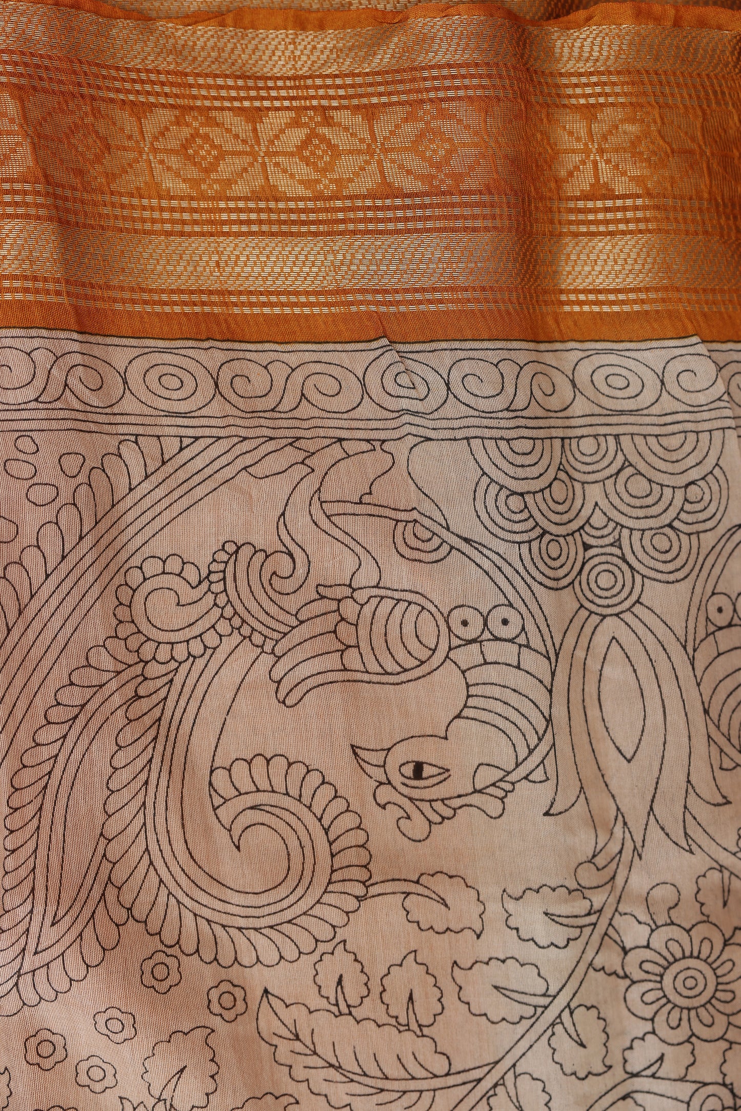 Beige Printed Chanderi With Kanchi Border Saree