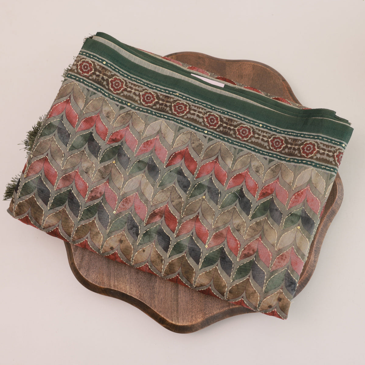Green Kantha Work Saree