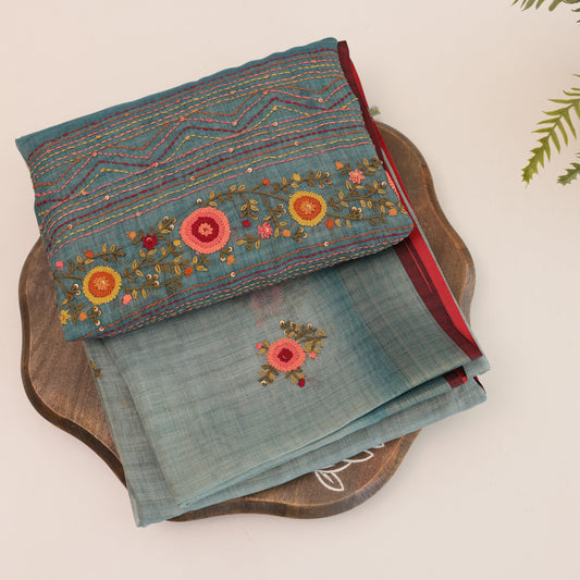Linen Sea Blue Saree