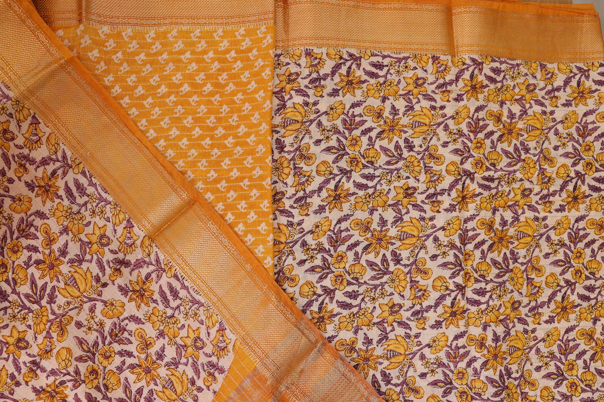Chanderi  mustard and lavender with kanchi border Saree