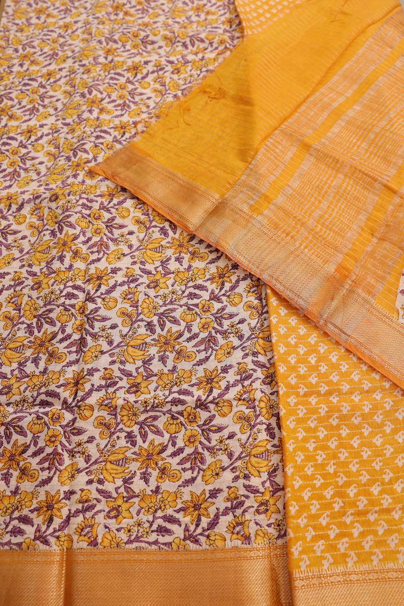 Chanderi  mustard and lavender with kanchi border Saree