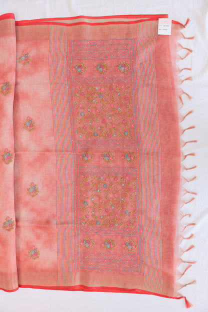 Linen Salmon Pink Saree