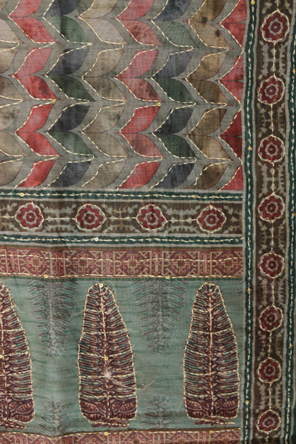 Green Kantha Work Saree