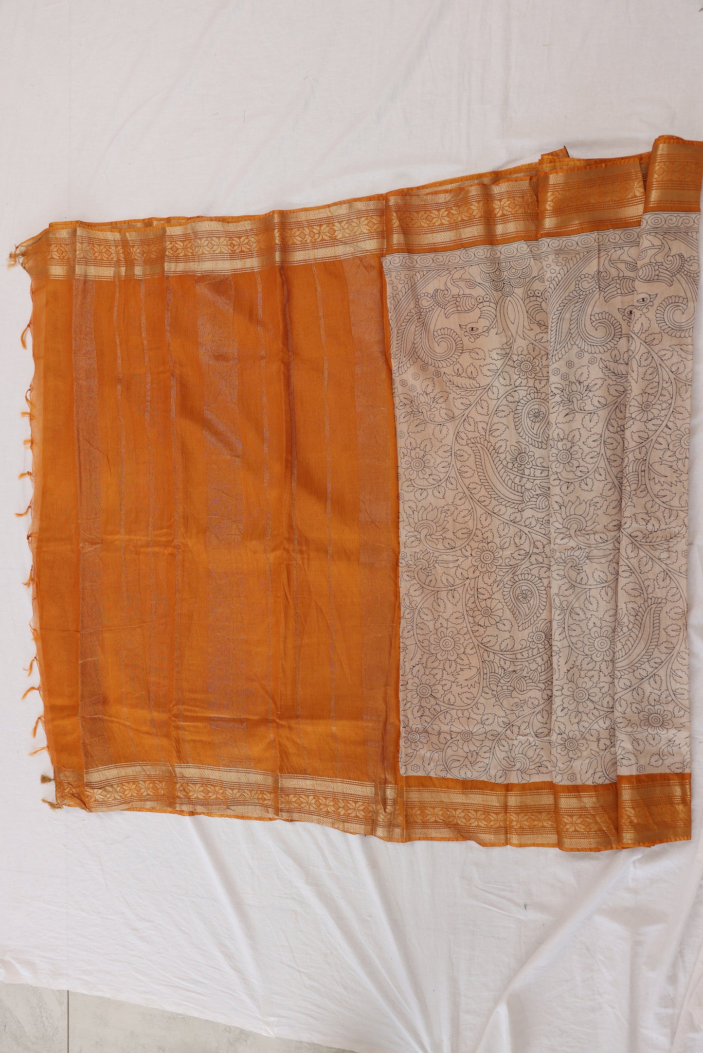 Beige Printed Chanderi With Kanchi Border Saree