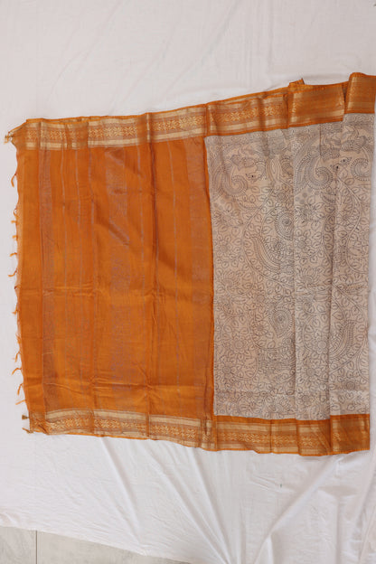 Beige Printed Chanderi With Kanchi Border Saree