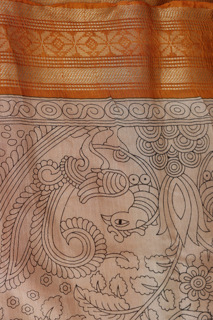 Beige Printed Chanderi With Kanchi Border Saree